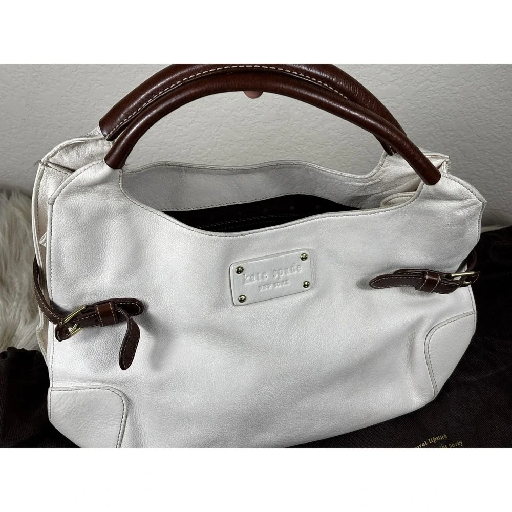 Kate Spade Leather Satchel White Brown Gold Hobo Bag Designer Classic